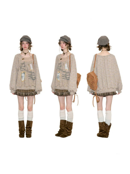 Striped Khaki Cat Print Loose Lazy Crew Neck Sweatshirt【s0000018750】