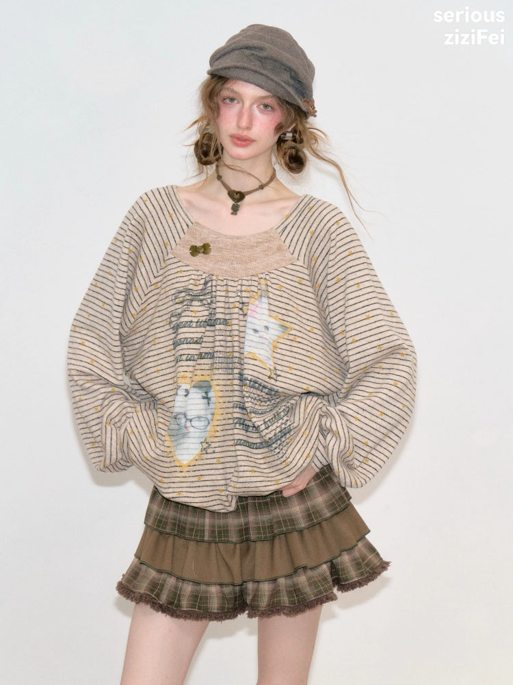 Striped Khaki Cat Print Loose Lazy Crew Neck Sweatshirt【s0000018750】