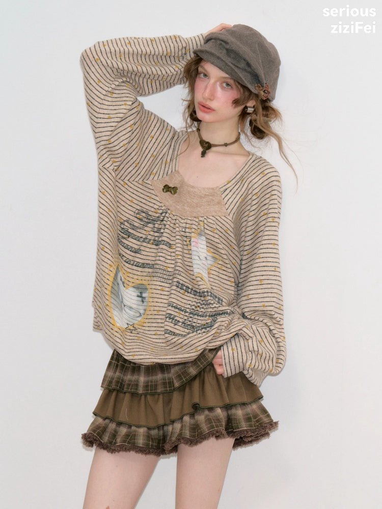 Striped Khaki Cat Print Loose Lazy Crew Neck Sweatshirt【s0000018750】