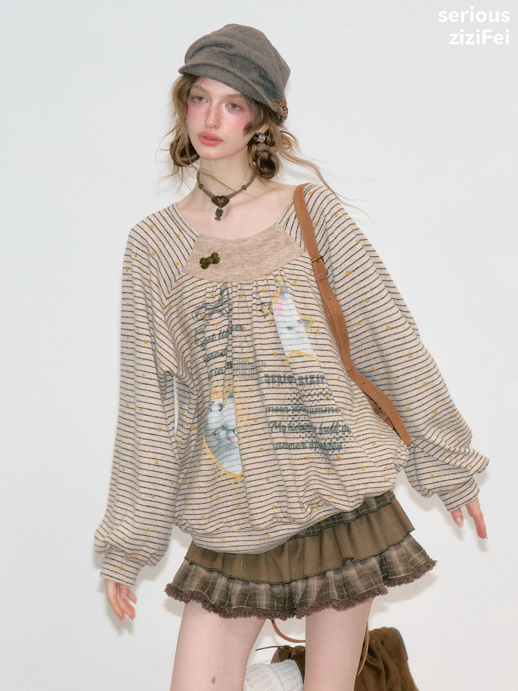Striped Khaki Cat Print Loose Lazy Crew Neck Sweatshirt【s0000018750】