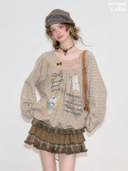 Striped Khaki Cat Print Loose Lazy Crew Neck Sweatshirt【s0000018750】