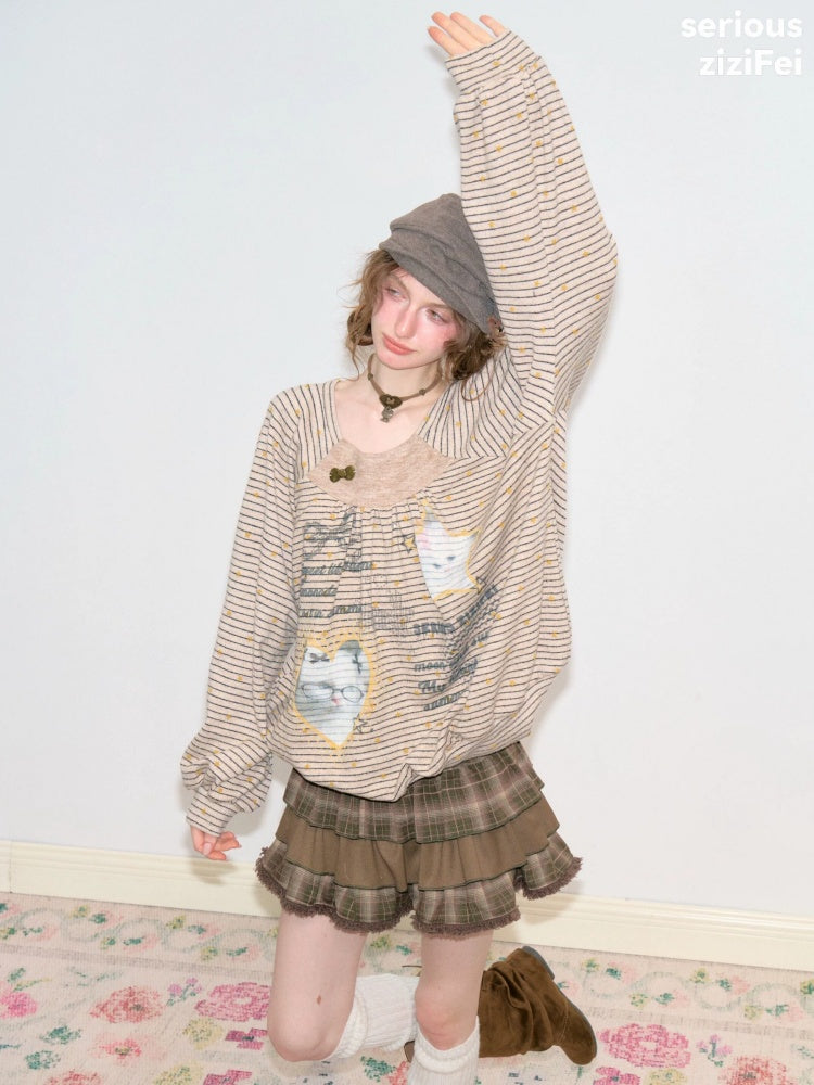 Striped Khaki Cat Print Loose Lazy Crew Neck Sweatshirt【s0000018750】