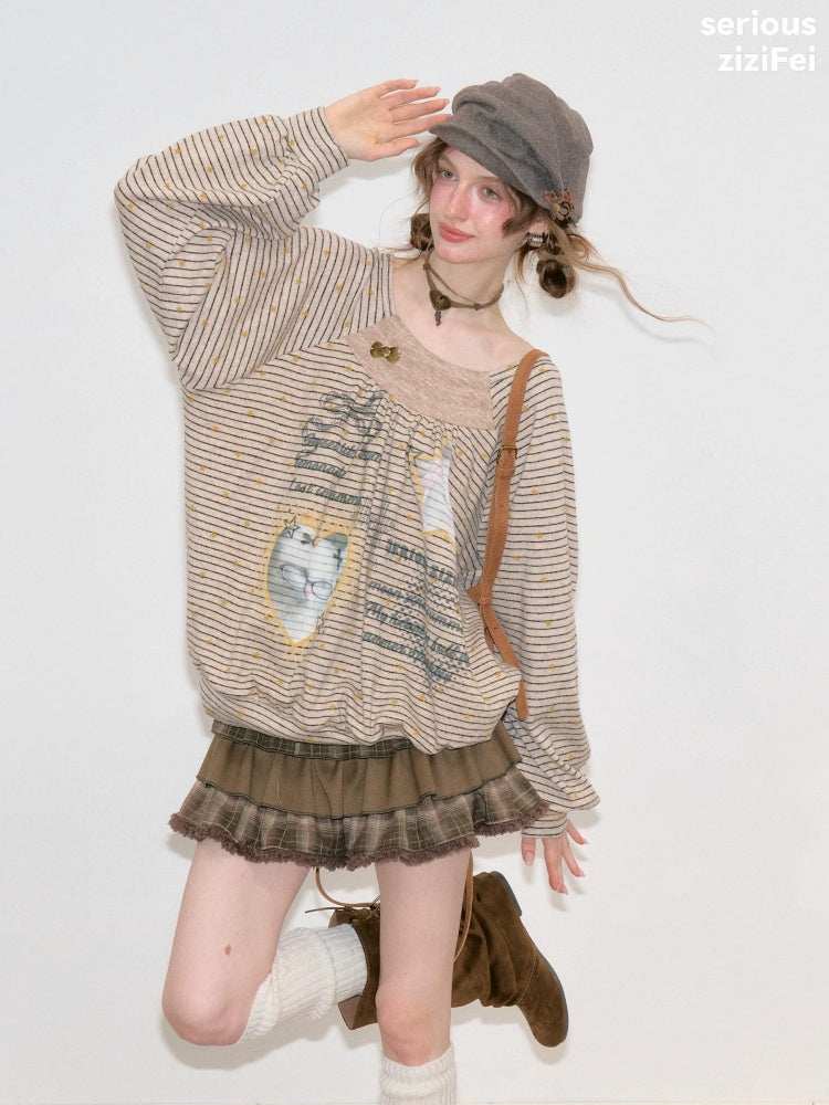 Striped Khaki Cat Print Loose Lazy Crew Neck Sweatshirt【s0000018750】
