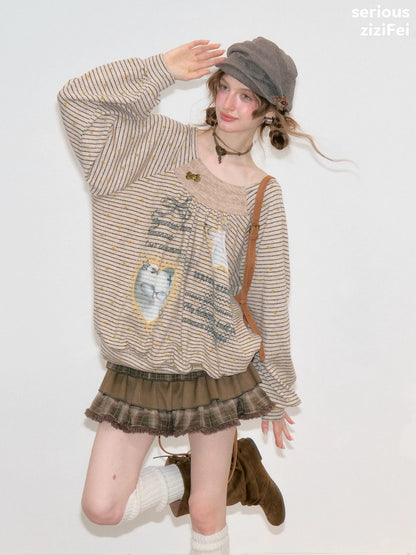 Striped Khaki Cat Print Loose Lazy Crew Neck Sweatshirt【s0000018750】
