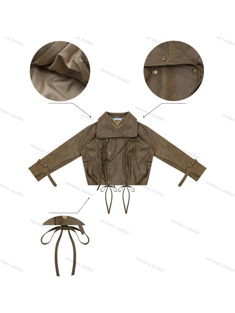 High-End Cool Punk Vintage Brown Cropped Leather Jacket【s0000018751】