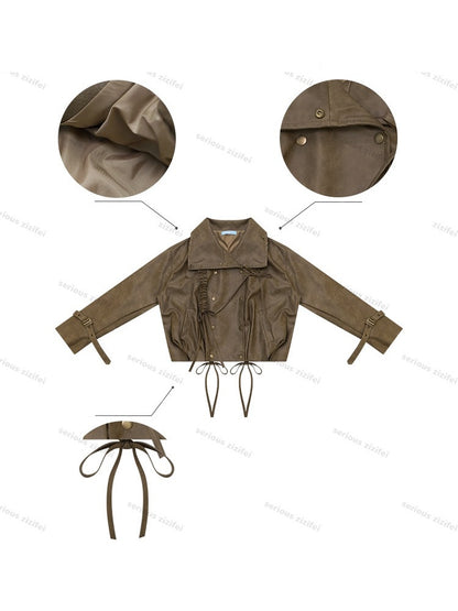 High-End Cool Punk Vintage Brown Cropped Leather Jacket【s0000018751】