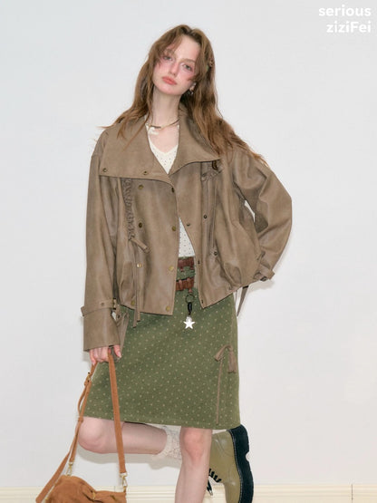 High-End Cool Punk Vintage Brown Cropped Leather Jacket【s0000018751】