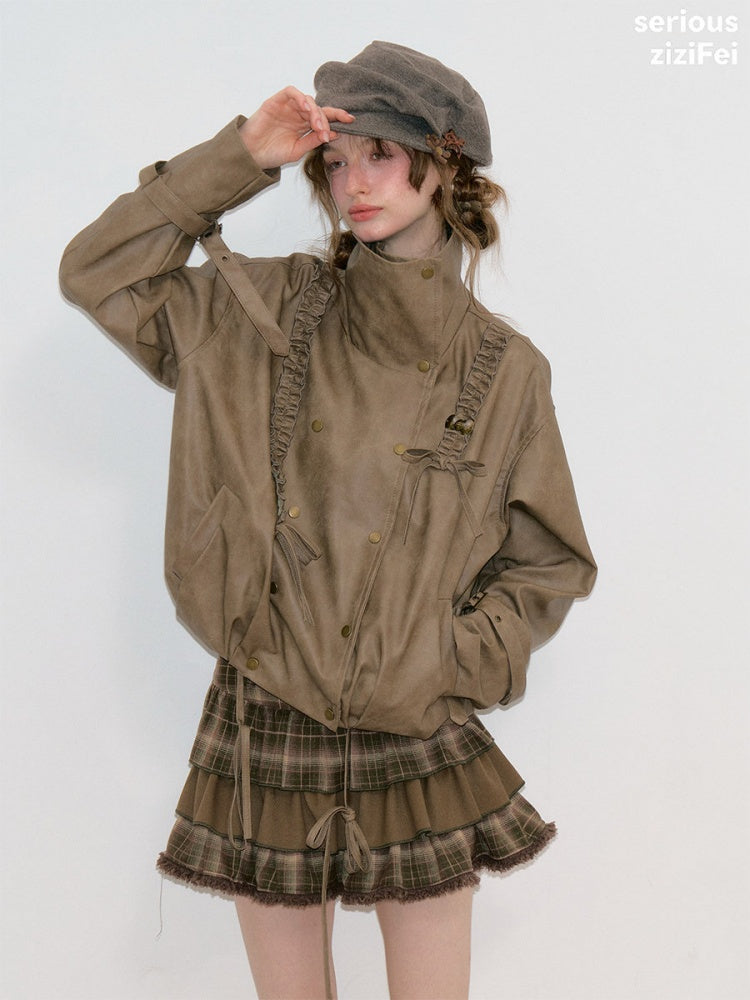 High-End Cool Punk Vintage Brown Cropped Leather Jacket【s0000018751】