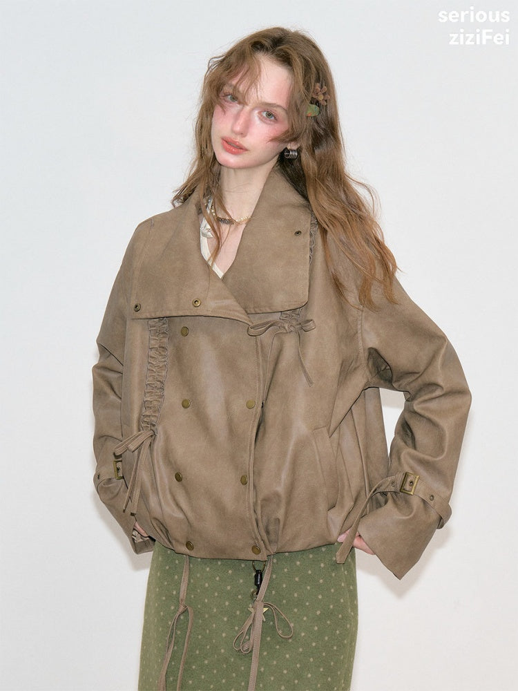 High-End Cool Punk Vintage Brown Cropped Leather Jacket【s0000018751】