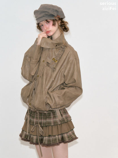 High-End Cool Punk Vintage Brown Cropped Leather Jacket【s0000018751】