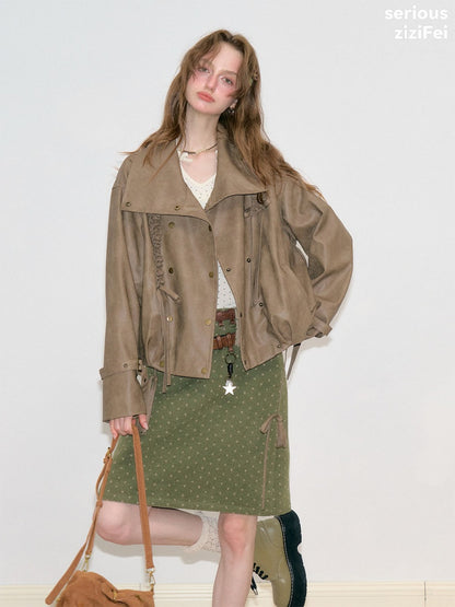 High-End Cool Punk Vintage Brown Cropped Leather Jacket【s0000018751】