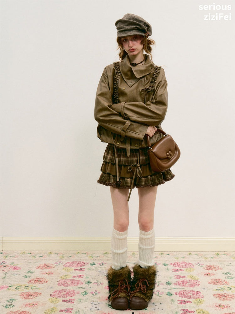 High-End Cool Punk Vintage Brown Cropped Leather Jacket【s0000018751】