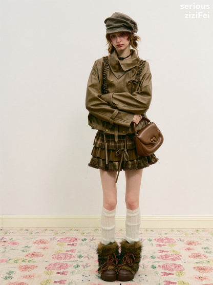 High-End Cool Punk Vintage Brown Cropped Leather Jacket【s0000018751】
