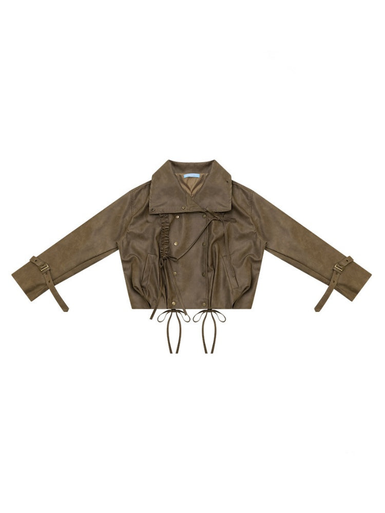 High-End Cool Punk Vintage Brown Cropped Leather Jacket【s0000018751】