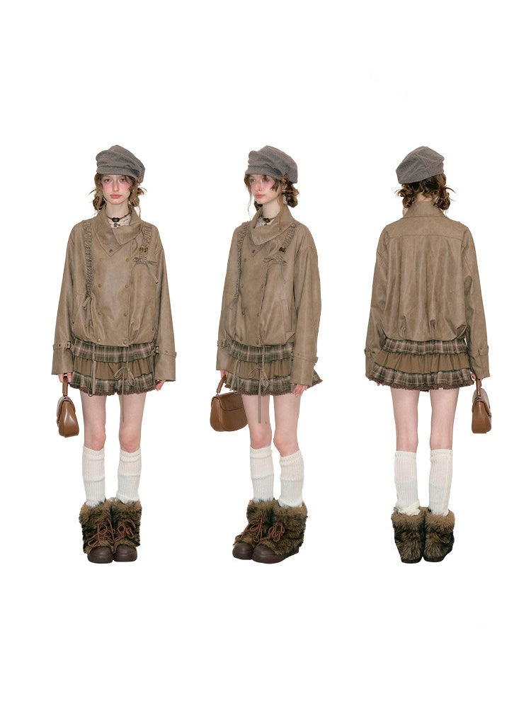 High-End Cool Punk Vintage Brown Cropped Leather Jacket【s0000018751】