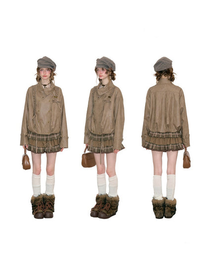 High-End Cool Punk Vintage Brown Cropped Leather Jacket【s0000018751】