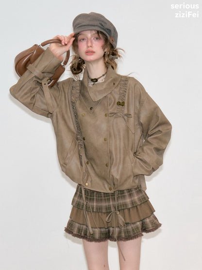 High-End Cool Punk Vintage Brown Cropped Leather Jacket【s0000018751】