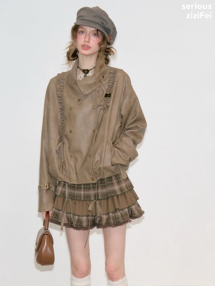 High-End Cool Punk Vintage Brown Cropped Leather Jacket【s0000018751】