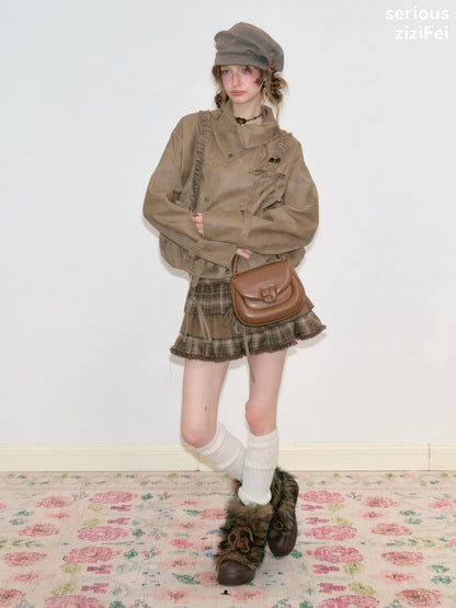 High-End Cool Punk Vintage Brown Cropped Leather Jacket【s0000018751】