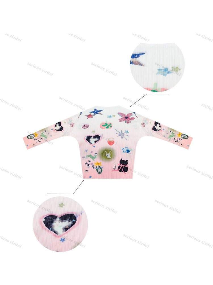 Playful Prints Girly Lazy Pink Pleated Long-Sleeve T-shirt【s0000018752】