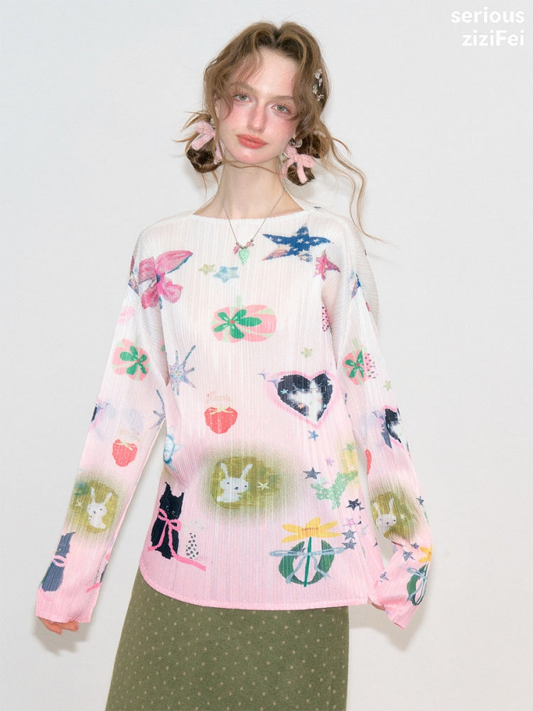 Playful Prints Girly Lazy Pink Pleated Long-Sleeve T-shirt【s0000018752】