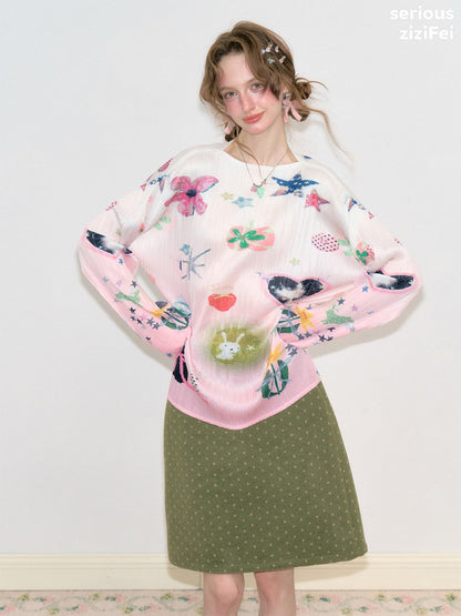 Playful Prints Girly Lazy Pink Pleated Long-Sleeve T-shirt【s0000018752】