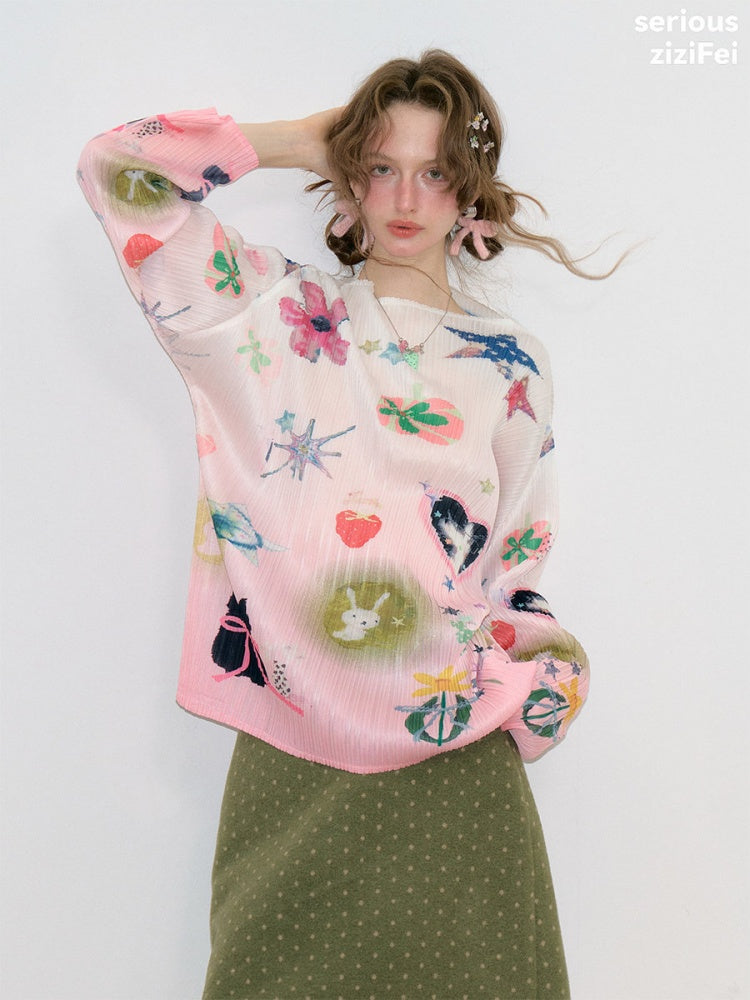 Playful Prints Girly Lazy Pink Pleated Long-Sleeve T-shirt【s0000018752】
