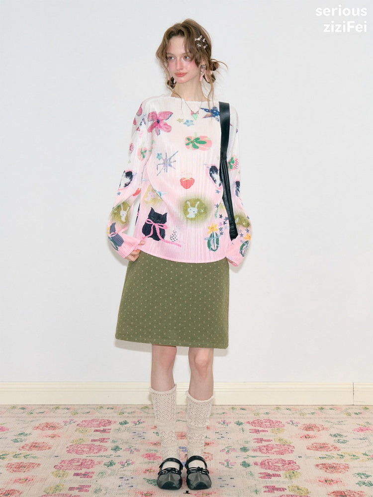 Playful Prints Girly Lazy Pink Pleated Long-Sleeve T-shirt【s0000018752】