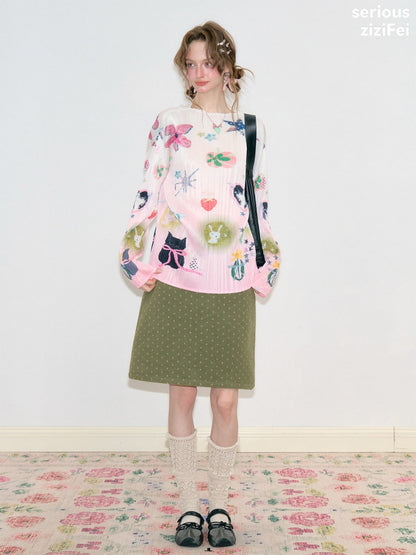 Playful Prints Girly Lazy Pink Pleated Long-Sleeve T-shirt【s0000018752】