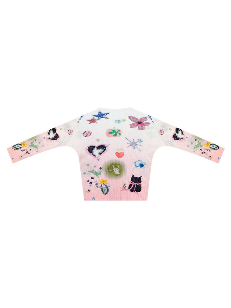 Playful Prints Girly Lazy Pink Pleated Long-Sleeve T-shirt【s0000018752】