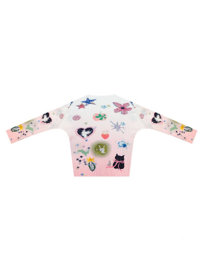 Playful Prints Girly Lazy Pink Pleated Long-Sleeve T-shirt【s0000018752】