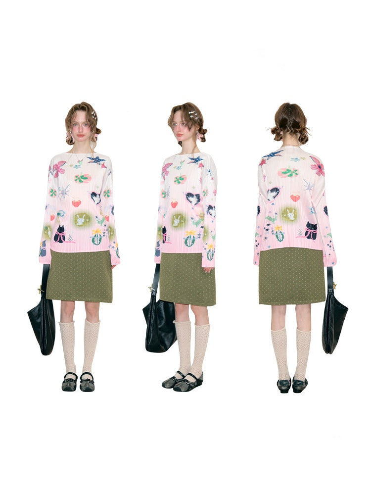 Playful Prints Girly Lazy Pink Pleated Long-Sleeve T-shirt【s0000018752】
