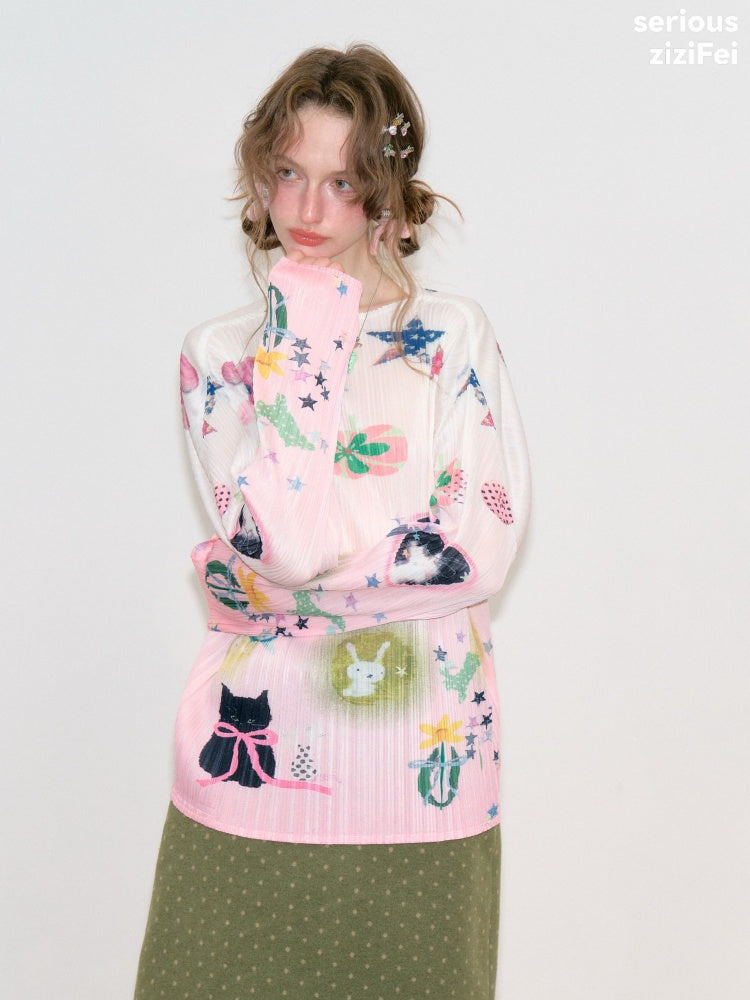 Playful Prints Girly Lazy Pink Pleated Long-Sleeve T-shirt【s0000018752】