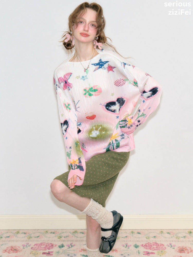 Playful Prints Girly Lazy Pink Pleated Long-Sleeve T-shirt【s0000018752】