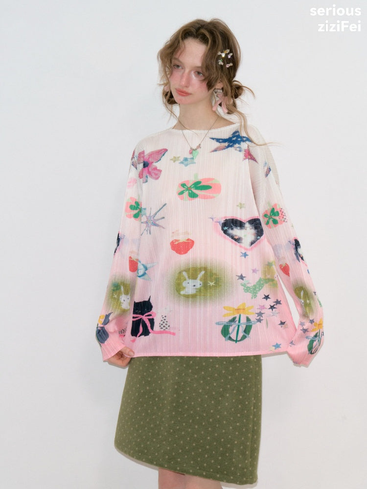 Playful Prints Girly Lazy Pink Pleated Long-Sleeve T-shirt【s0000018752】