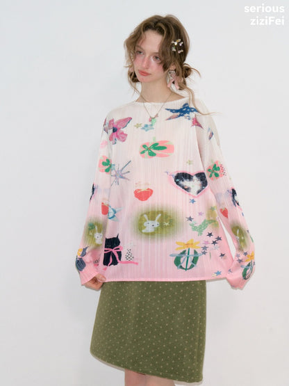 Playful Prints Girly Lazy Pink Pleated Long-Sleeve T-shirt【s0000018752】