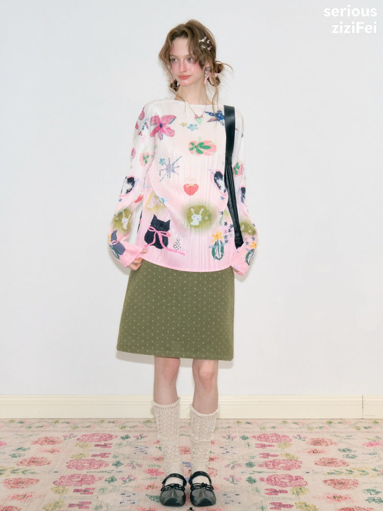 Playful Prints Girly Lazy Pink Pleated Long-Sleeve T-shirt【s0000018752】