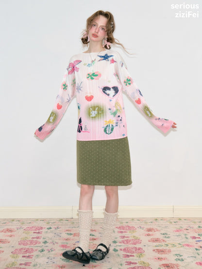 Playful Prints Girly Lazy Pink Pleated Long-Sleeve T-shirt【s0000018752】