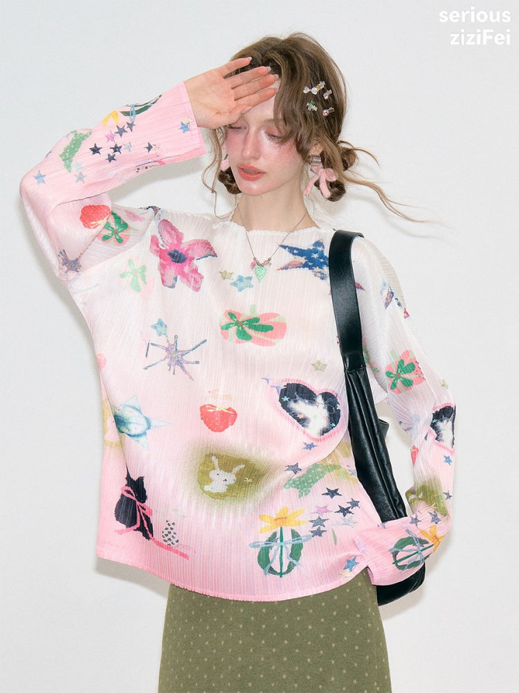 Playful Prints Girly Lazy Pink Pleated Long-Sleeve T-shirt【s0000018752】
