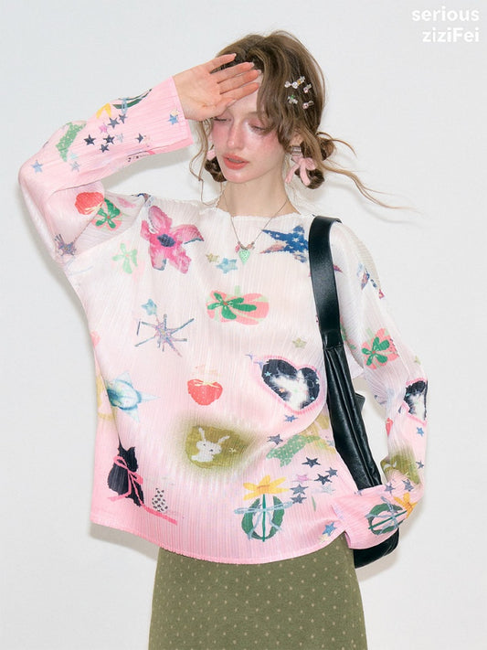 Playful Prints Girly Lazy Pink Pleated Long-Sleeve T-shirt【s0000018752】