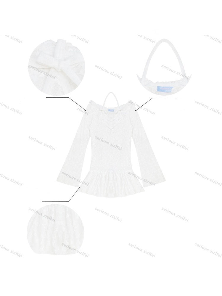 Halter Neck Semi-Transparent White Lace V-Neck Flared Sleeves Slimming Layered Top【s0000018753】