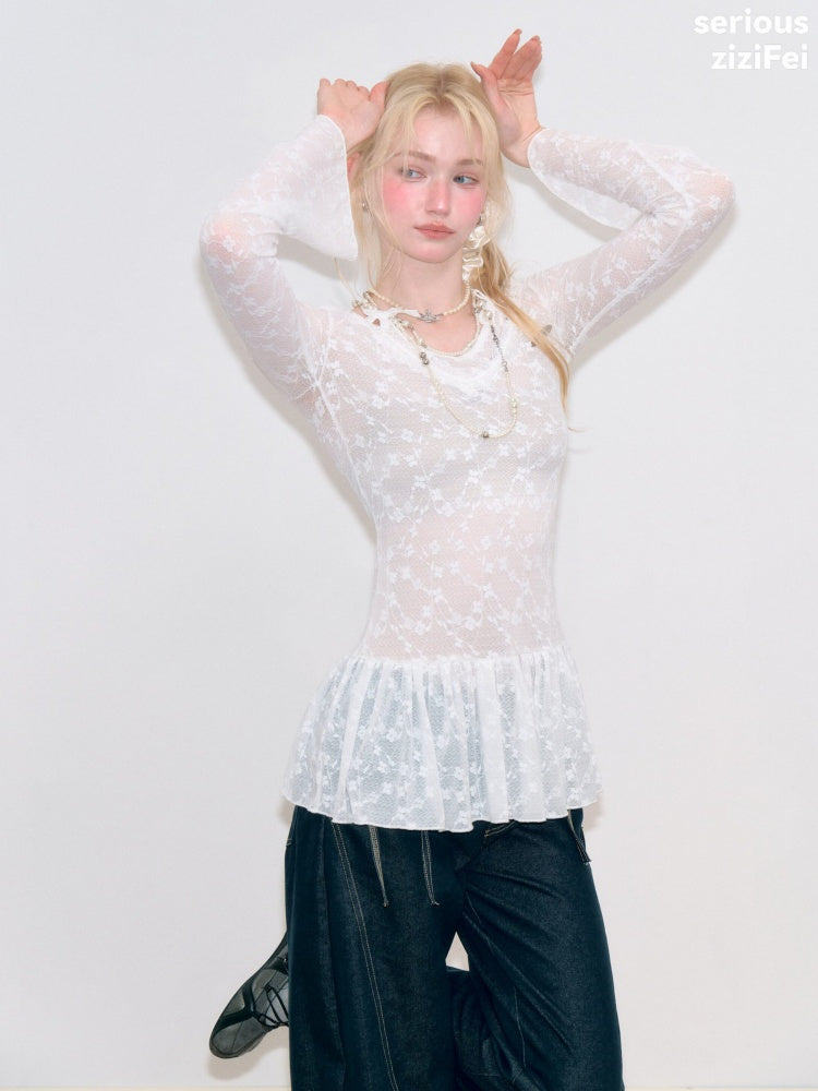 Halter Neck Semi-Transparent White Lace V-Neck Flared Sleeves Slimming Layered Top【s0000018753】