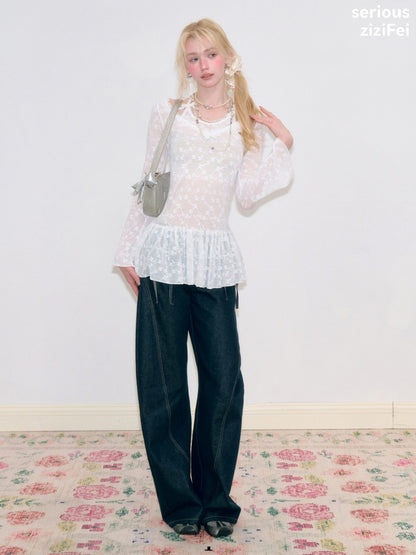 Halter Neck Semi-Transparent White Lace V-Neck Flared Sleeves Slimming Layered Top【s0000018753】