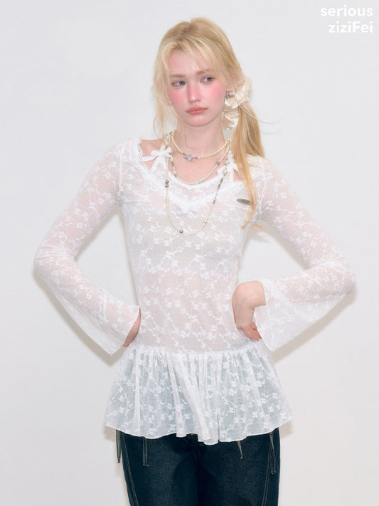 Halter Neck Semi-Transparent White Lace V-Neck Flared Sleeves Slimming Layered Top【s0000018753】