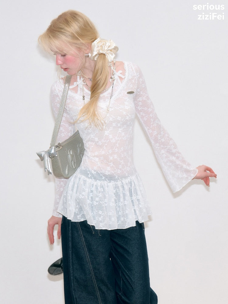 Halter Neck Semi-Transparent White Lace V-Neck Flared Sleeves Slimming Layered Top【s0000018753】