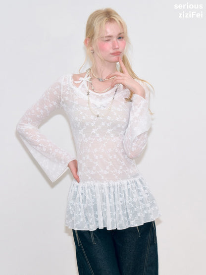 Halter Neck Semi-Transparent White Lace V-Neck Flared Sleeves Slimming Layered Top【s0000018753】