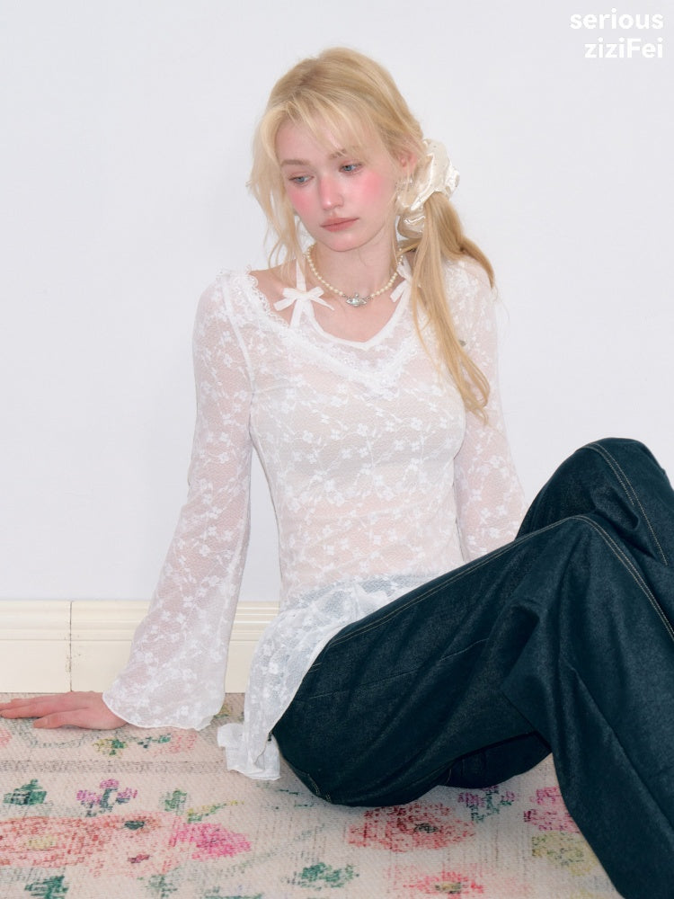 Halter Neck Semi-Transparent White Lace V-Neck Flared Sleeves Slimming Layered Top【s0000018753】