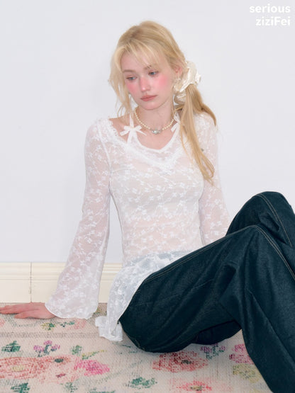 Halter Neck Semi-Transparent White Lace V-Neck Flared Sleeves Slimming Layered Top【s0000018753】