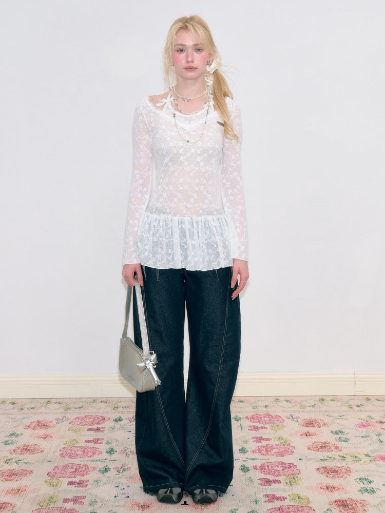 Halter Neck Semi-Transparent White Lace V-Neck Flared Sleeves Slimming Layered Top【s0000018753】