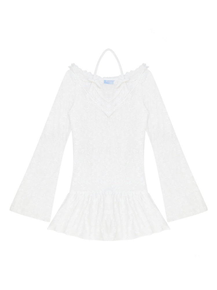 Halter Neck Semi-Transparent White Lace V-Neck Flared Sleeves Slimming Layered Top【s0000018753】